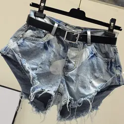 Джинсовые шорты женские корейские супер короткие джинсы брюки INS с высокой талией с принтом сердца широкие шорты для студентов весна лето