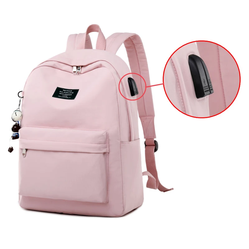 Mochila para ordenador portátil de impresión en Color sólido para niñas con colgante de Animal para niños, bolsas escolares, bolso de viaje para mujer