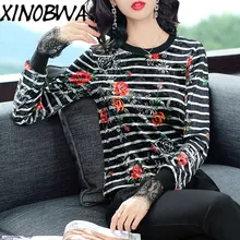 Новое поступление, осенняя Женская модная бархатная футболка с круглым вырезом и длинными расклешенными рукавами, кружевная Лоскутная футболка, топы, женские рубашки с цветочным принтом