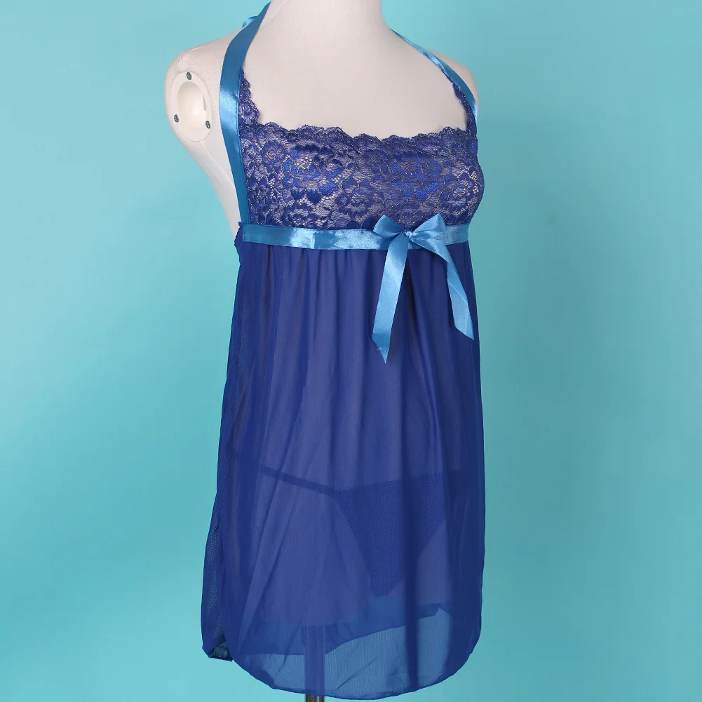 Женское сексуальное кружевное платье Babydoll Lingerie Sheer Halterneck Bowknot Nightdress нижнее белье с стринги