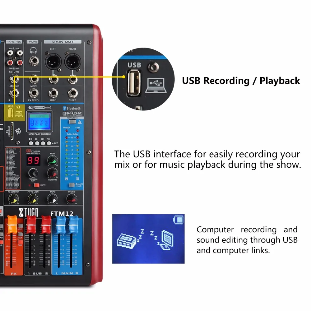 XTUGA FTM12 канала профессиональный звуковой микшер звука встроенный 99-bit DSP цифровой эффект с записываемый функция MP3 Распознавание отпечатков пальцев, Bluetooth, USB