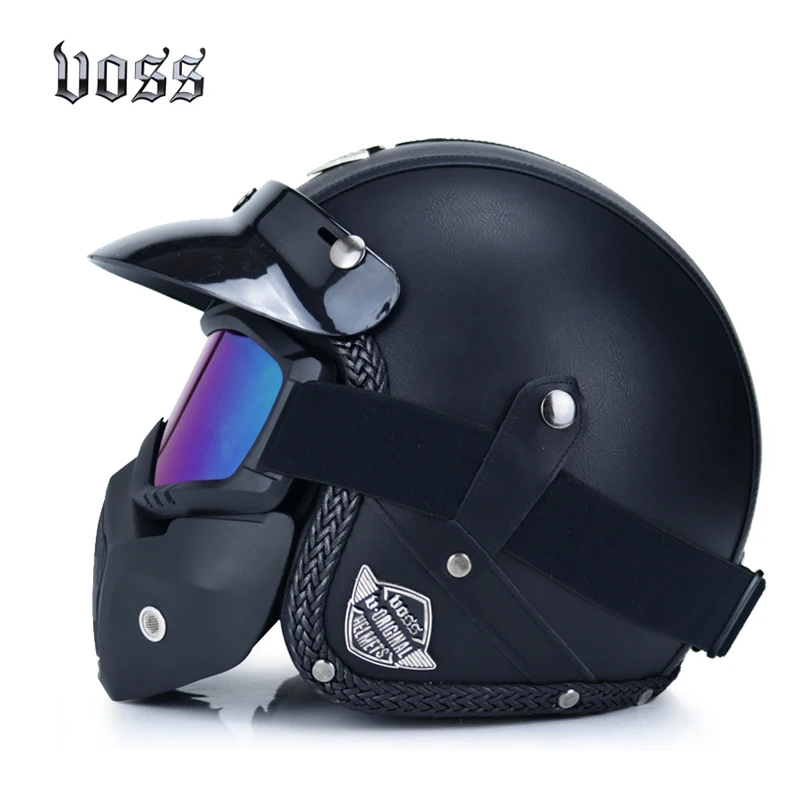 Retro motorcycle PU leather 3/4 open face helmet chopper bicycle helmet capacete predator helmet with goggles mask