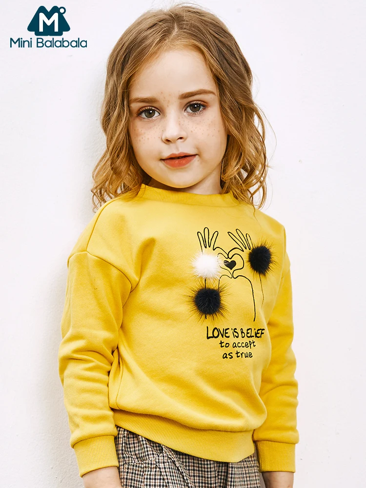 

Mini Balabala Kids Girls Graphic Pull Over Sweatshirt with Pom Pom Children Toddler Girl Cotton Tops Autumn Clothes Clothing