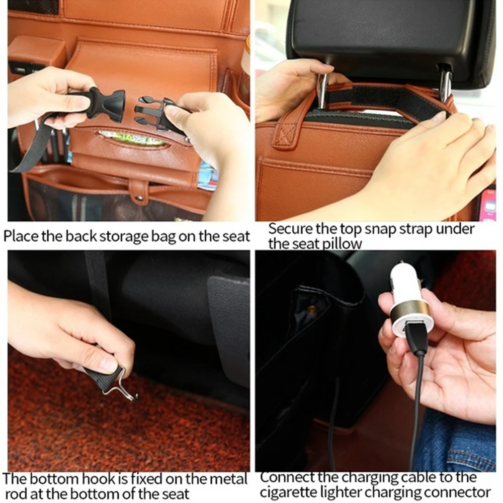 4 USB Charger Storage Pu Leather Travel Multifunction Pocket Stowing Tidying Auto Accessories Car Seat Back Bag Car Organizer