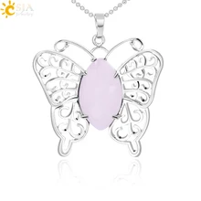Csja Новое поступление милая бабочка кулон и ожерелье Серебряный цвет крылья розовый натуральный камень кварцевые кристаллы женские ювелирные изделия F769
