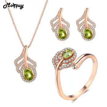 

MoBuy Green Peridot Natural Gemstone 3pcs Jewelry Sets Romantic Feather Fine Jewelry 100% 925 Sterling Silver For Women V045ENR