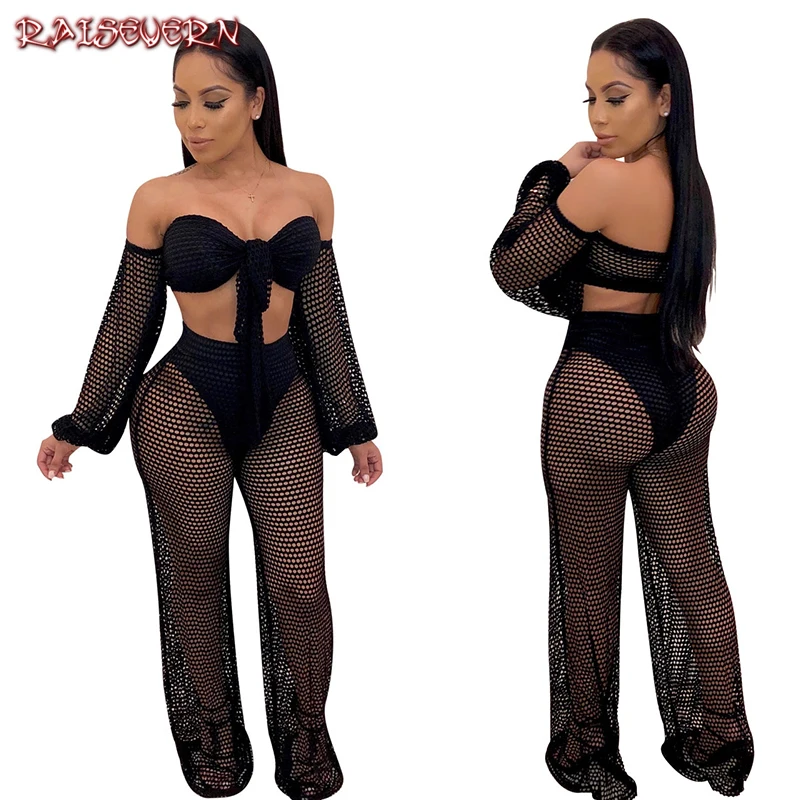 RAISEVERN 2019 Newest Women Strapless 2 Piece Outfit Set Short Tank Tops Lace Hollow Out Mesh Long Pants Fashion Silm Set