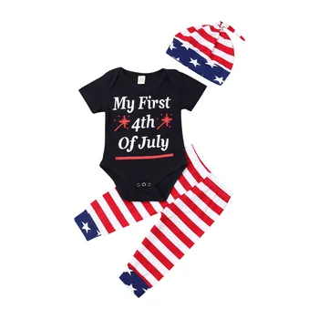 

0-18M Newborn Infant My First 4th of July Outfit Baby Girl Boy Romper Tops+American Flag Pants Leggings+Hats 3Pcs Clothing Sets