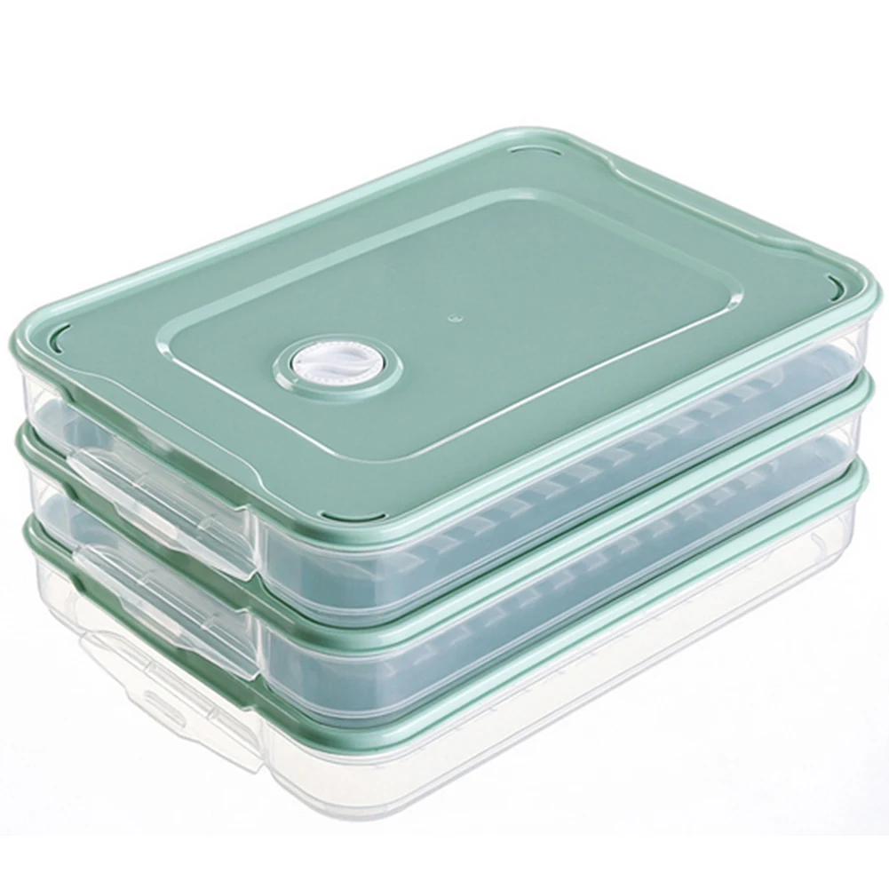 

1 Set Rectangle 3-Layer Food Storage Organizer Dumpling Containers Refrigerator Storage Box With Lid&Plastic Handle Green Light