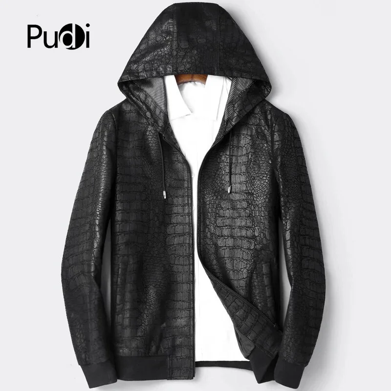 Новинка 2018 мужские модные куртки PUDI MT836 из натуральной овечьей кожи с капюшоном