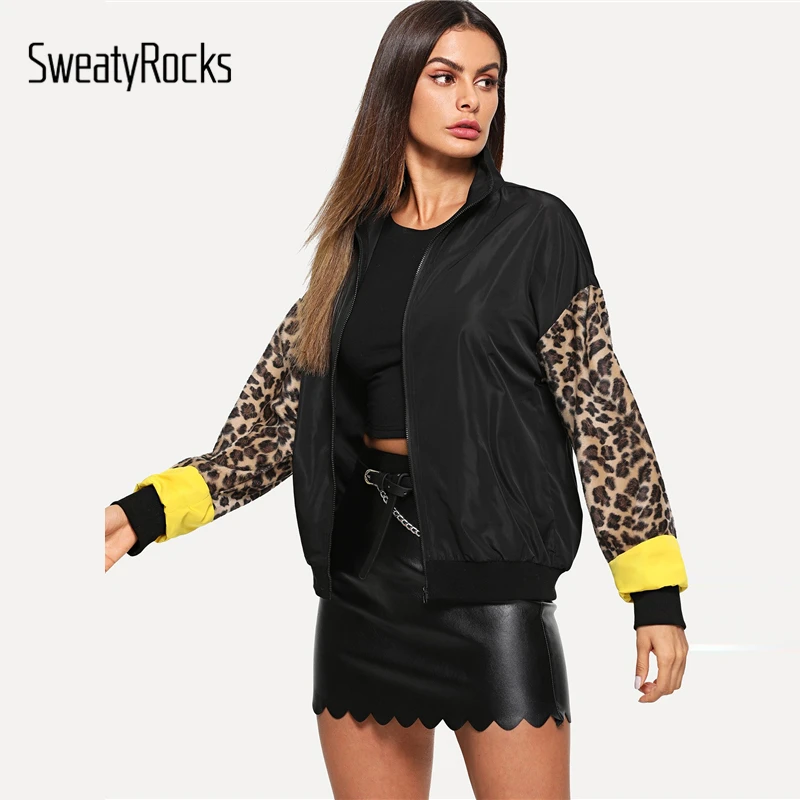 SweatyRocks Black Zip Up Contrast Leopard Sleeve Jacket 2018 Women Autumn Clothes Outwear Coat 2018 Womens Jackets And Coats SweatyRocks Black Zip Up Contrast Leopard Sleeve Jacket 2018 Women Autumn Clothes Outwear Coat 2018 Womens Jackets And Coats