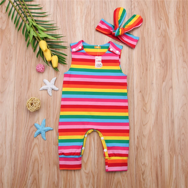 Infantis Miúdo Rainbow Macacão Verão Criança Stripe