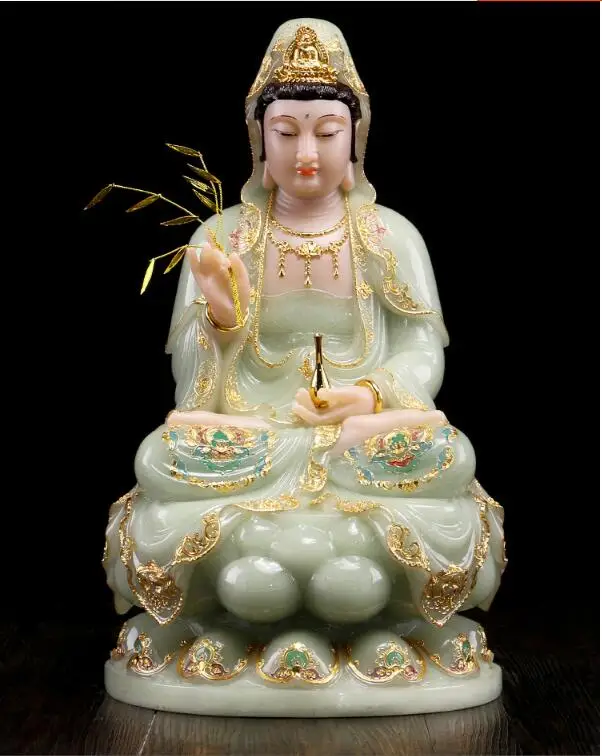 30cm Large Highgrade Natural Jade Gilding Guanyin Buddha Home Temple