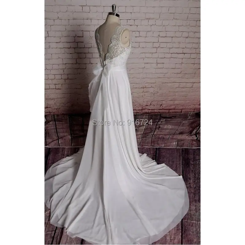 Слоновой кости шифон аппликации A-Line длиной до пола свадебное платье Часовня Поезд v-образным вырезом без рукавов на заказ