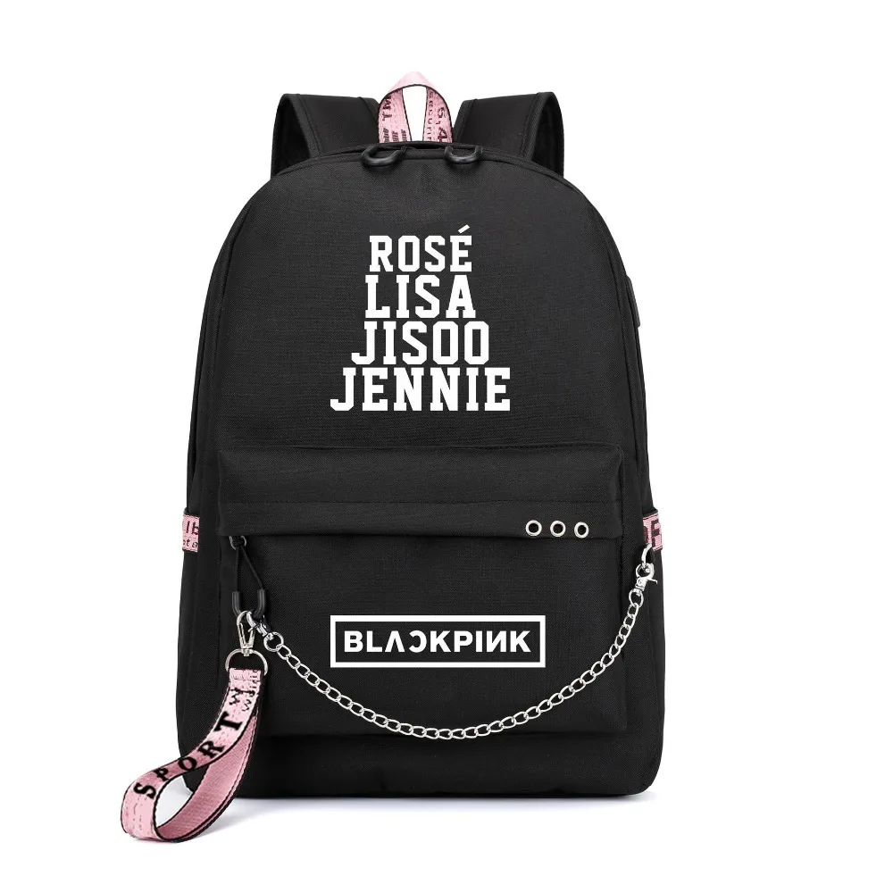 BLACKPINK JISOO روز ليزا حقيبة السفر USB شحن الكمبيوتر المحمول Bagpack المرأة الوردي على ظهره قماش المدرسة أكياس BLACKPINK Rugzak