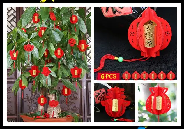 60 шт. китайский год украшения 3D стекаются Малый фу красные фонари Весенний фестиваль висит орнамент в горшках завод украшения
