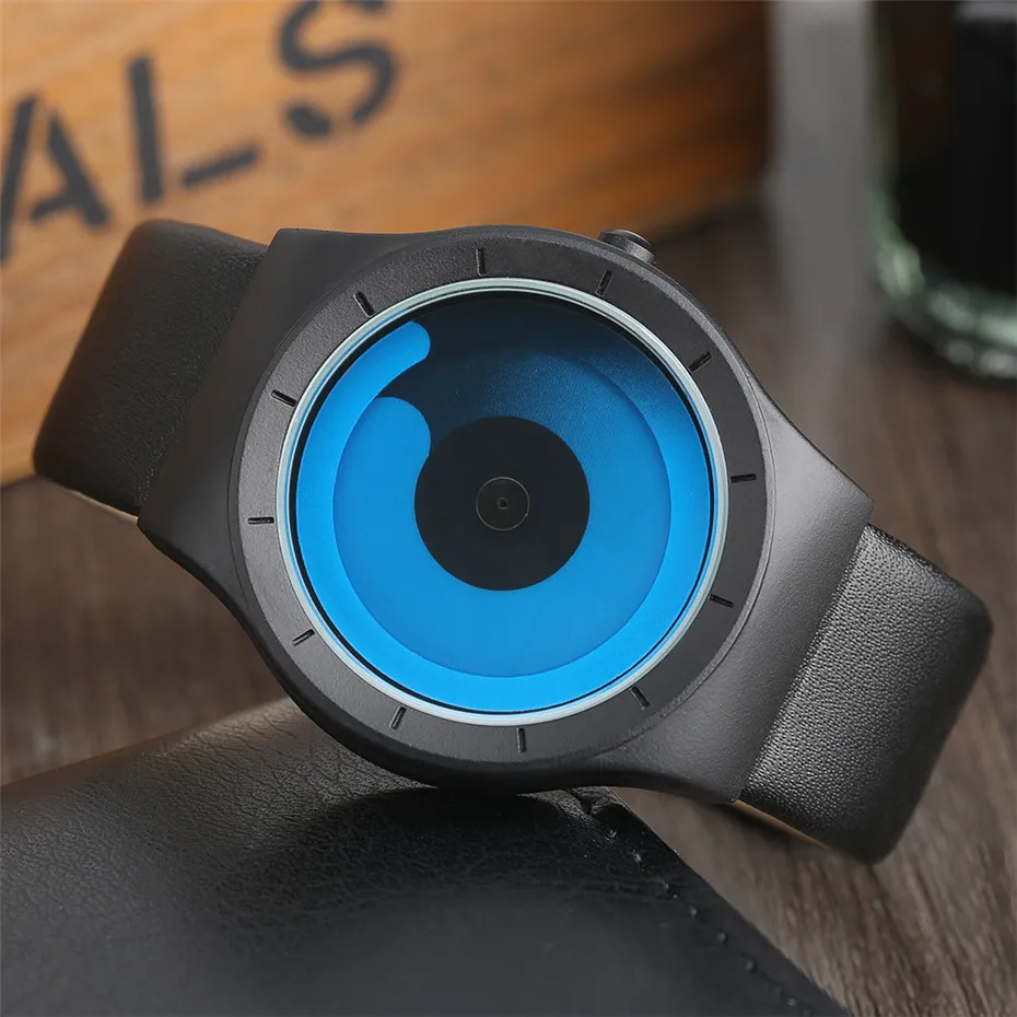 Fashion Mens Watch Leather Analog Quartz Sport Wristwatch Creative Cool Blue Ocean Steel Clock Relogio Masculino Spiral Turntable Swirl Hour Clock Female (22)