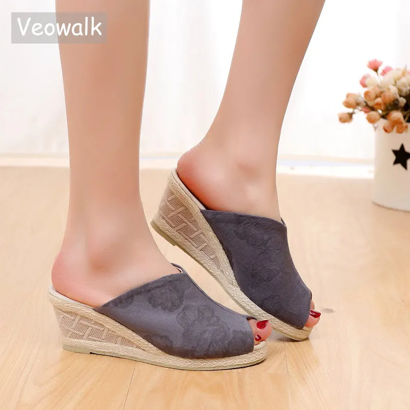 

Veowalk Peep Toe Women Cotton Fabric Slide Wedge Slippers Summer Handmade Embroidered Ladies Comfort Platform Espadrilles Shoes