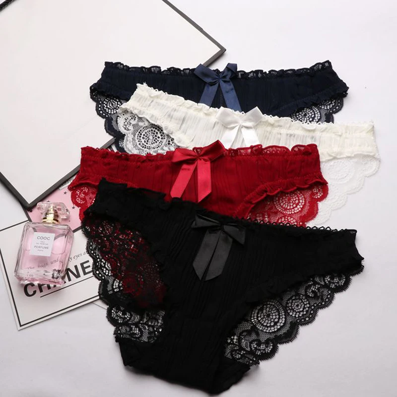 

SP&CITY Big Bow Sweet Girl Underwear High Quality Hollow Out Lace Panties Rubber Sexy Transparent Panties Crotch Cotton Briefs