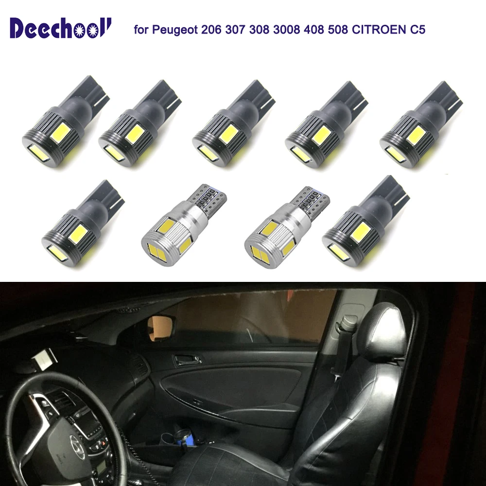 

deechooll 9pcs Car LED Light Bulb for Peugeot 206 307 308 3008 408 508 CITROEN C5, Canbus Auto Interior Dome Light Trunk Lamp