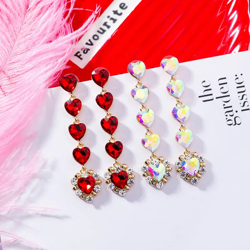 

Trendy Crystal Women Dangle Earrings Sweet Red Crystal Loving Long Earrings For Women Drops Earrings Bohemian Earrings
