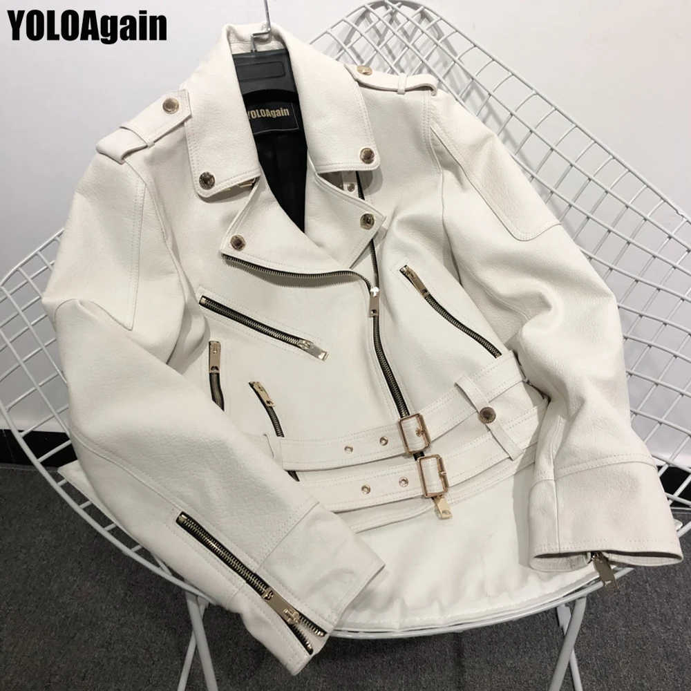 

YOLOAgain women genuine leather jacket ladies high street zipper white real leather jacket