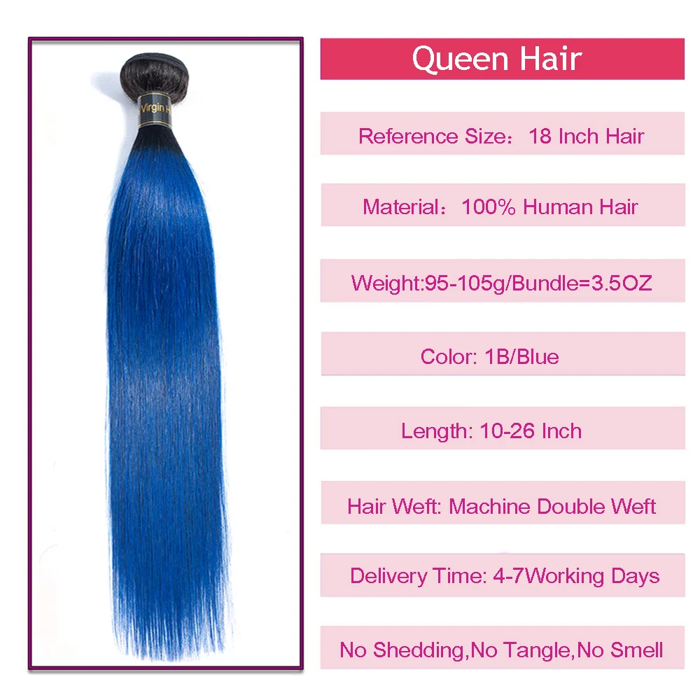 Queen Hair Products Brazilian Ombre Human Hair 1/3/4 Bundles Straight Two Tone 1B/Blue Straight Human Hair Weave Extensions Queen Hair Products Brazilian Ombre Human Hair 1/3/4 Bundles Straight Two Tone 1B/Blue Straight Human Hair Weave Extensions