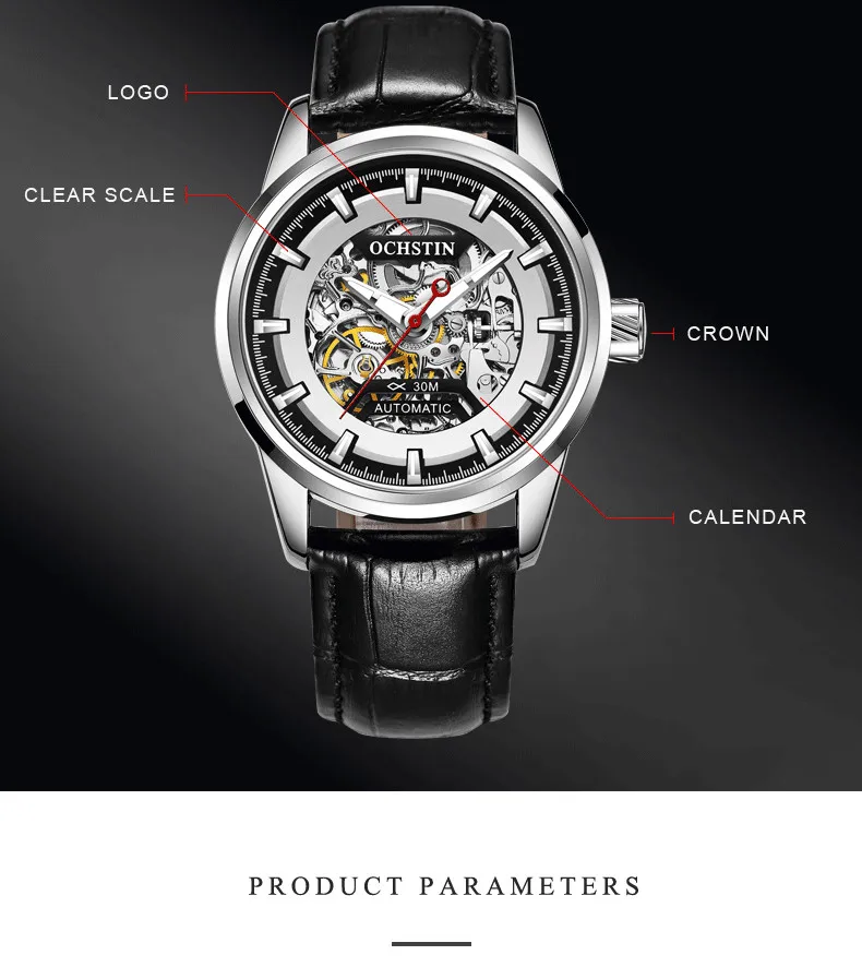 Лидирующий бренд, Роскошные мужские часы ochстin, модные механические часы для мужчин, повседневные деловые Автоматические наручные часы relojes hombre
