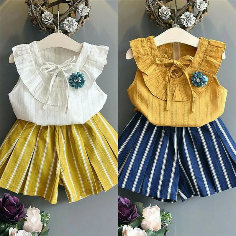 

Cool Summer Fashion Kids Baby Girls Clothes Sets Ruffles Lace-up T-shirt Tops Striped Wide Leg Shorts 2Pcs Girl Outfits 2-7Y
