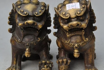 

old china fengshui pure bronze foo dog lion beast ball evil spirits statue pair