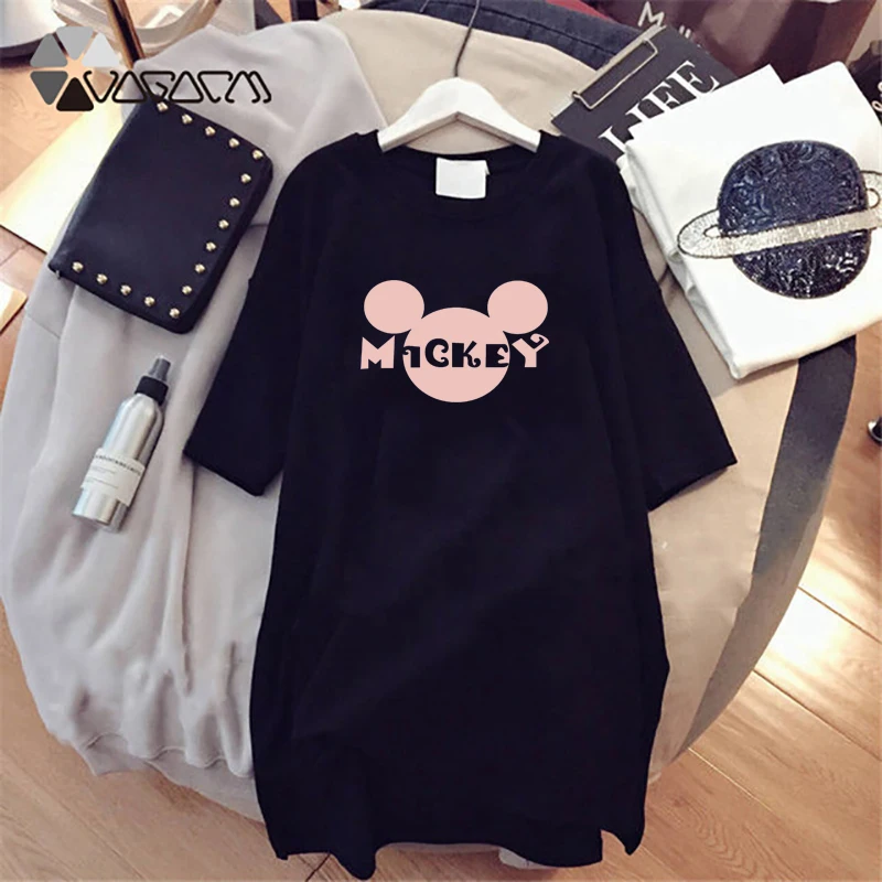 

Women Pink Mickey Dresses Cartoon Printed Casual Loose White Women Plus Size Midi Dress Summer Fashion Vestido