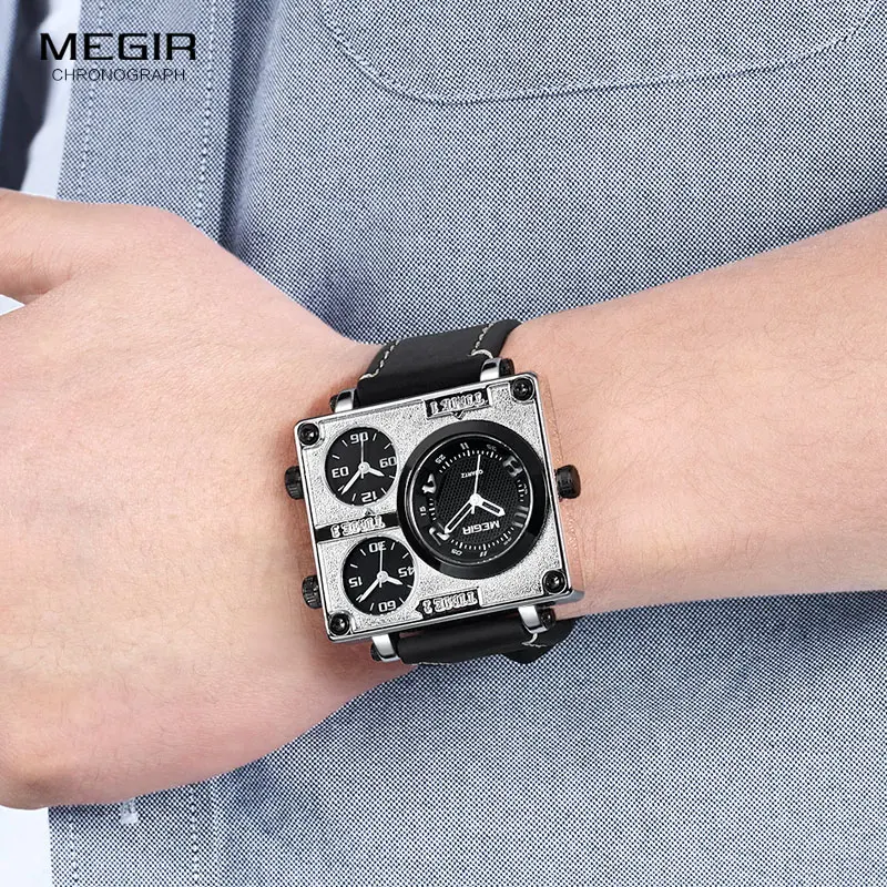 MEGIR кварцевые часы с квадратным циферблатом, мужские роскошные часы от ведущего бренда Relogios Masculinos с несколькими часовыми поясами, спортивные наручные часы для мужчин, серебро 2069