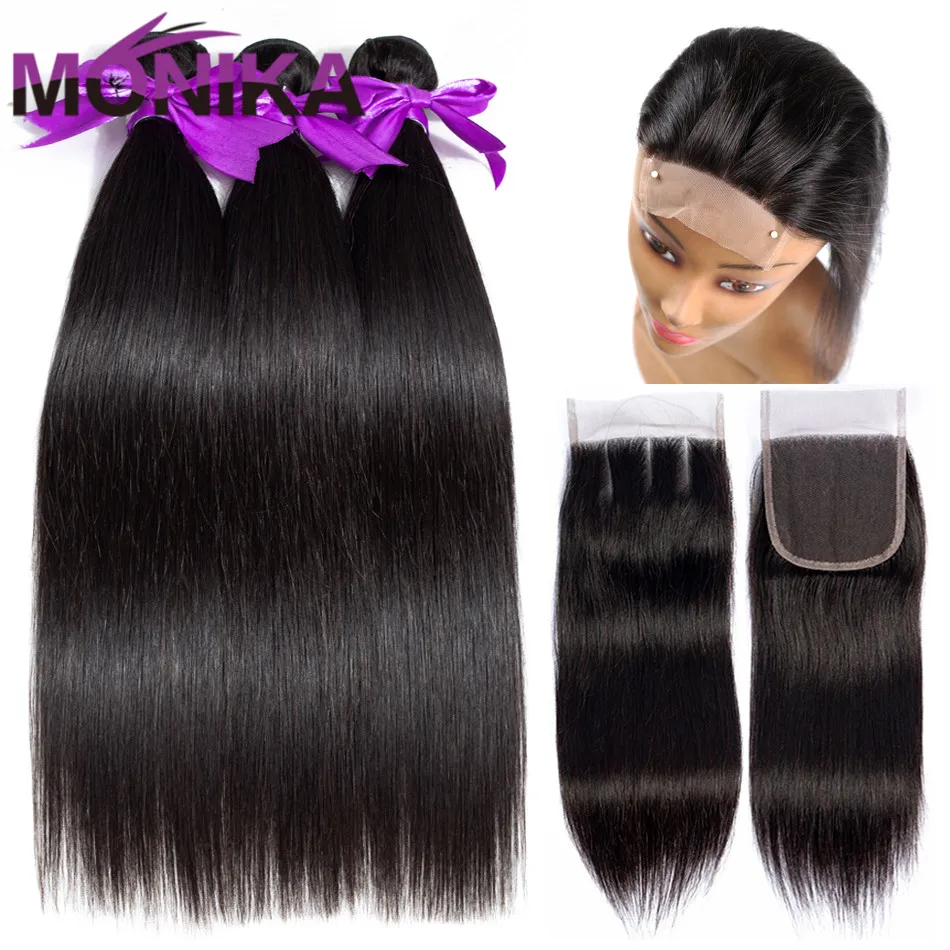 Monika Brazilian Straight Human Hair Bundles With Closure Straight Hair 3 Bundles With Closure Brazilian Hair Weave With Closure