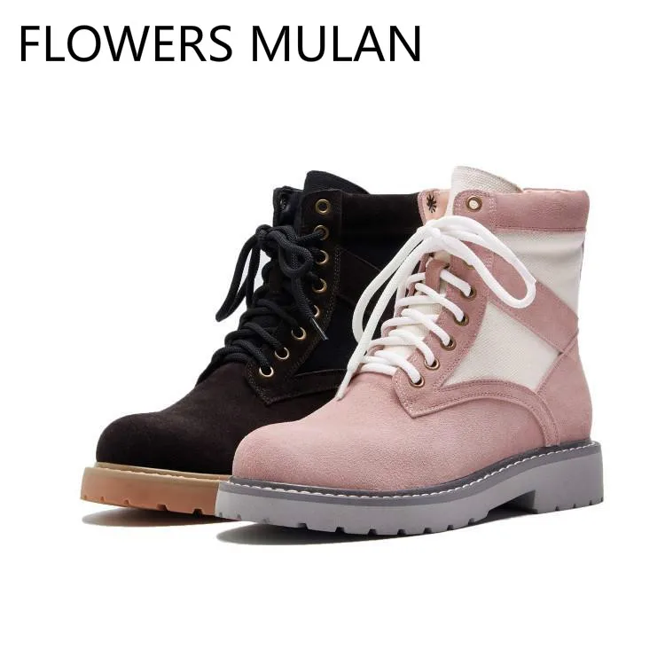 

Winter New Nubuck Leather Ankle Boots For Women Round Toe Low Chunky Heel Lady Botas Lace Up Girl Martin Booties Shoes Woman