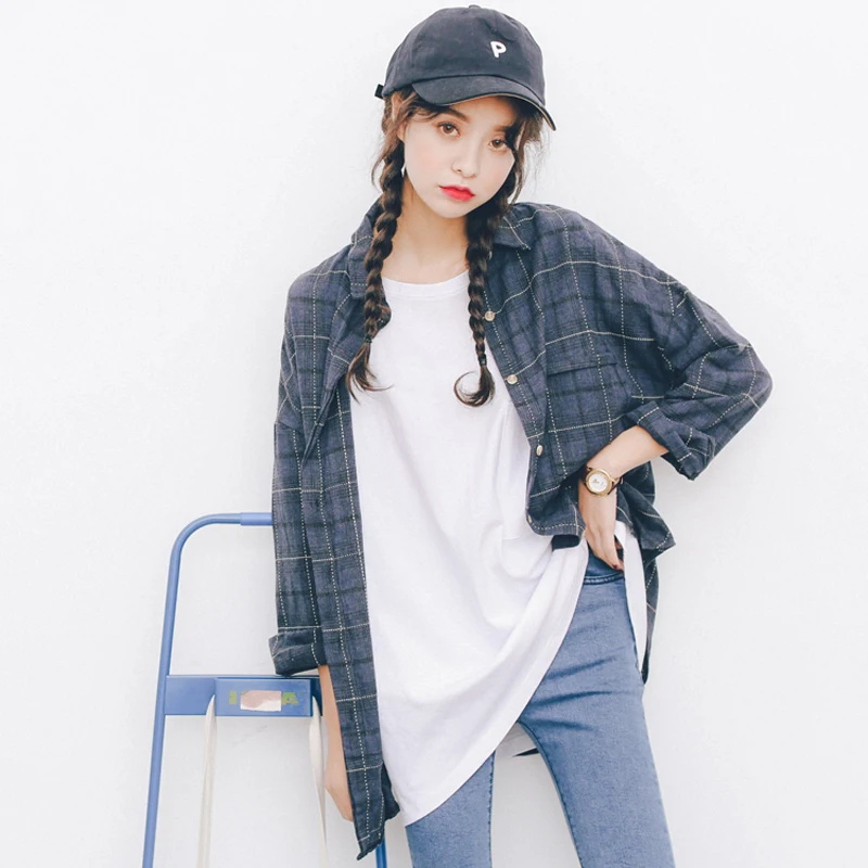 

2019 New Korean BF Wind Loose Plaid Long Sleeve Shirts Women Spring All-match Casual Blouse Shirt Coat Female Blusas