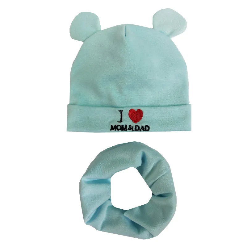 Sky blue set Весенне-Осенняя детская хлопковая шапка, шарф, комплект с принтом «Love Mom», шапки для мальчиков и девочек, нагрудники, детский шейный шарф, шапка, детские вязаные шапки, реквизит для фотосессии - Цвет: Sky blue set