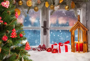 

VinylBDS Backdrops Christmas Tree Winter Snow Backgrounds For Photo Studio Window Red Glass Baubles Photography