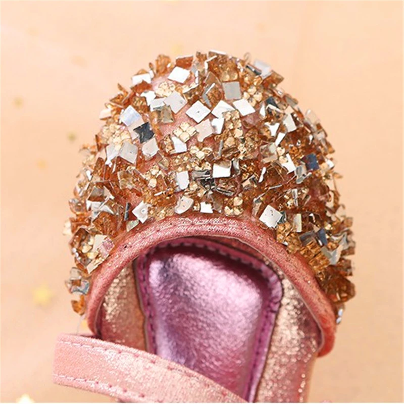 Gold Silver Pink summer Children Leather Shoes Casual Girls Princess Flat Heel Party Shoes Fashion Sequins Bow Pearl Kids Shoes
