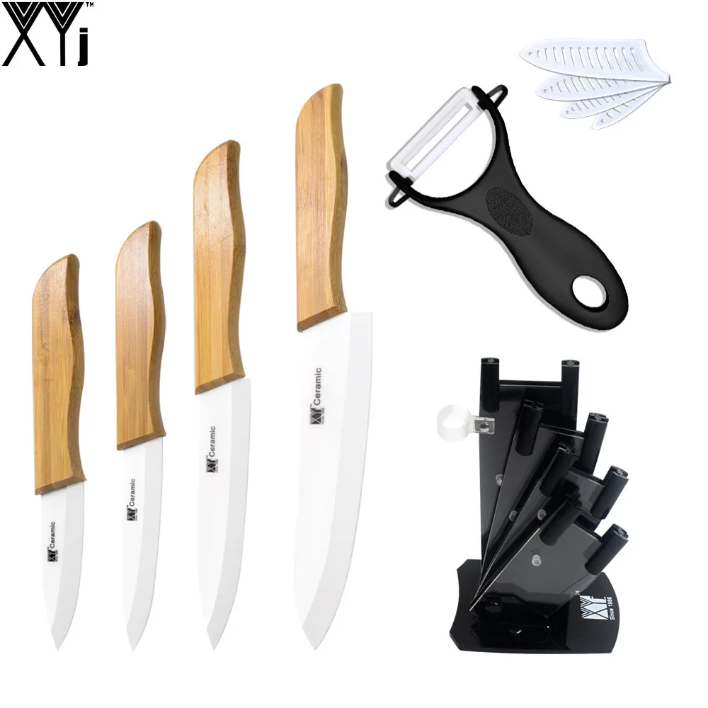 XYJ Brand Ceramic Knife Sets With Bamboo Handle White Blade + Acrylic