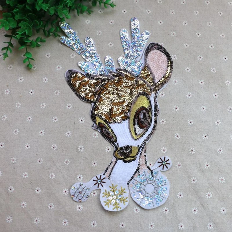 

2017 New Deer head Sequins Sew On Patches for clothes DIY Patch Applique Bag Clothing Coat Sweater Crafts accessories patch