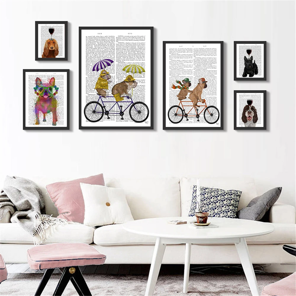 

Hanging Wall Art Paper Dog Poster Cute Vin Dog Ride Bike Wall Pictures Home Decor Kids Room Decor Canvas Painting Cuadros Nordic