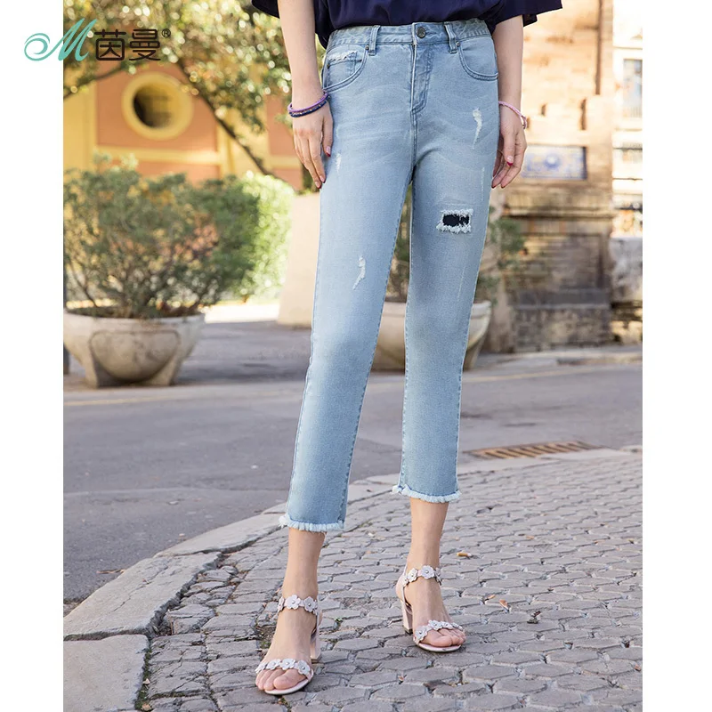 

Inman 2019 summer new arrival slim fake hole elastic jeans pant women fashion trousers