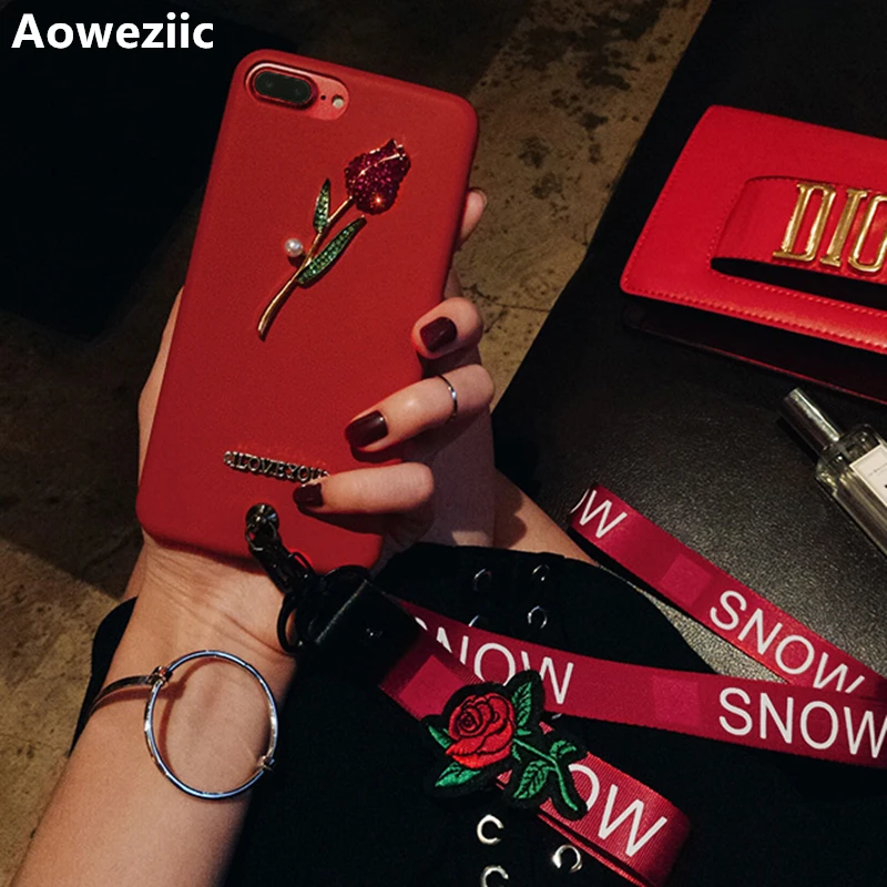 

Aoweziic New Europe States tide brand rose cortex soft shell For iPhone7 6s 8Plus X XR XS MAX phone case wideband lanyard woman