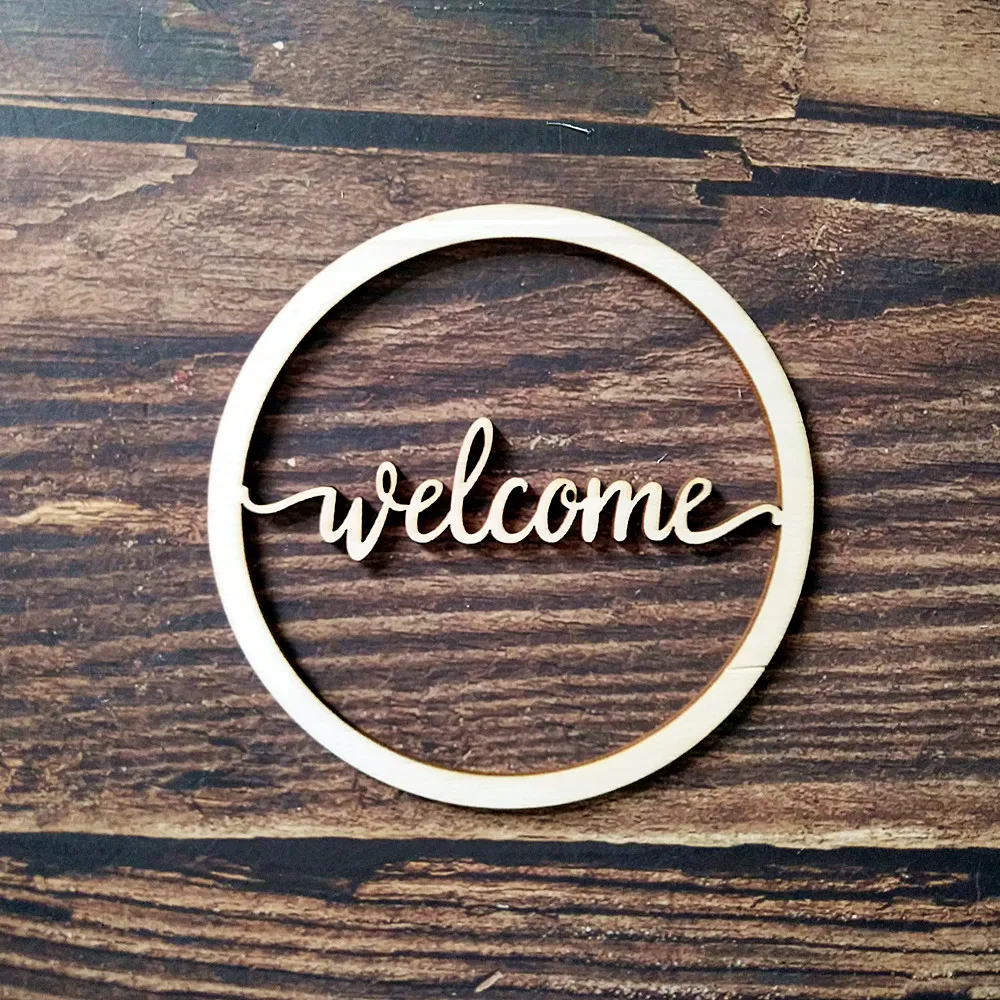 

10pcs Wood Laser Cut Unfinished Round Circle Welcome Script Word Sign Wooden Greeting Signs Cursive Words Room Decoration