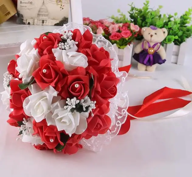Perfectlifeoh свадебный букет, Свадебный букет невесты, держащий цветок для подружки невесты, свадебные поролоновые цветы, розы, свадебные цветы для невесты - Цвет: White  red