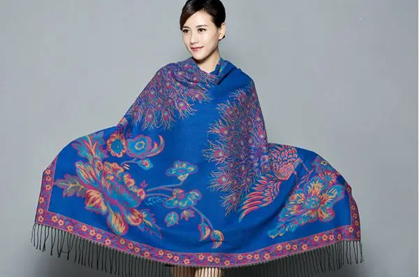 

Double Sides Winter New Women's Pashmina Cashmere Shawl Large Squar Peacock Scarf Oversize Soft Wrap Thick Blanket Poncho