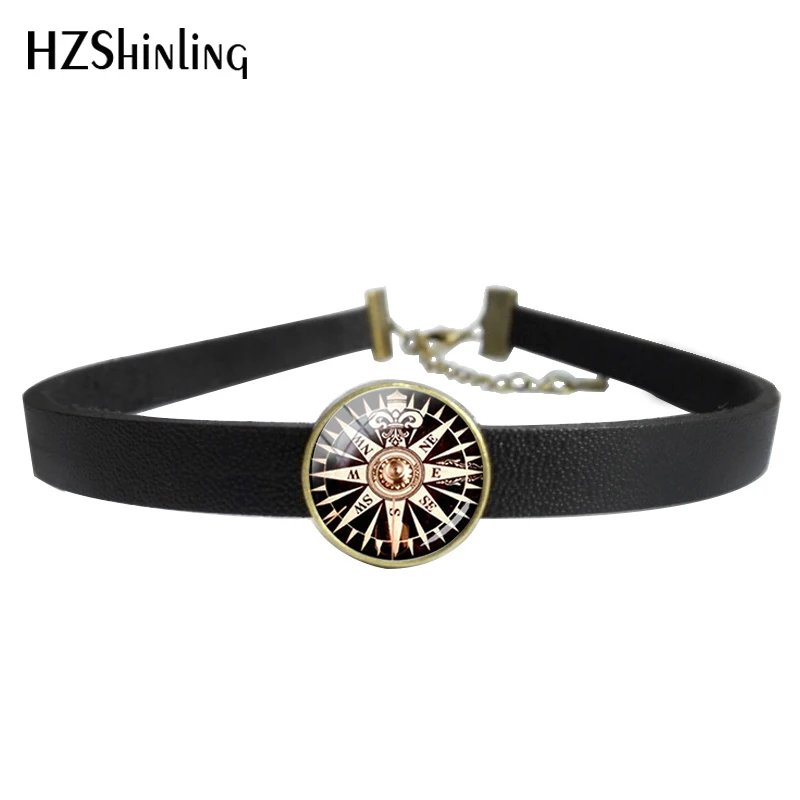 

2019 New Leather Choker Necklace Bracelet Old Compass Pendant Compass Mysterious Glass Vintage Glass Picture Jewelry