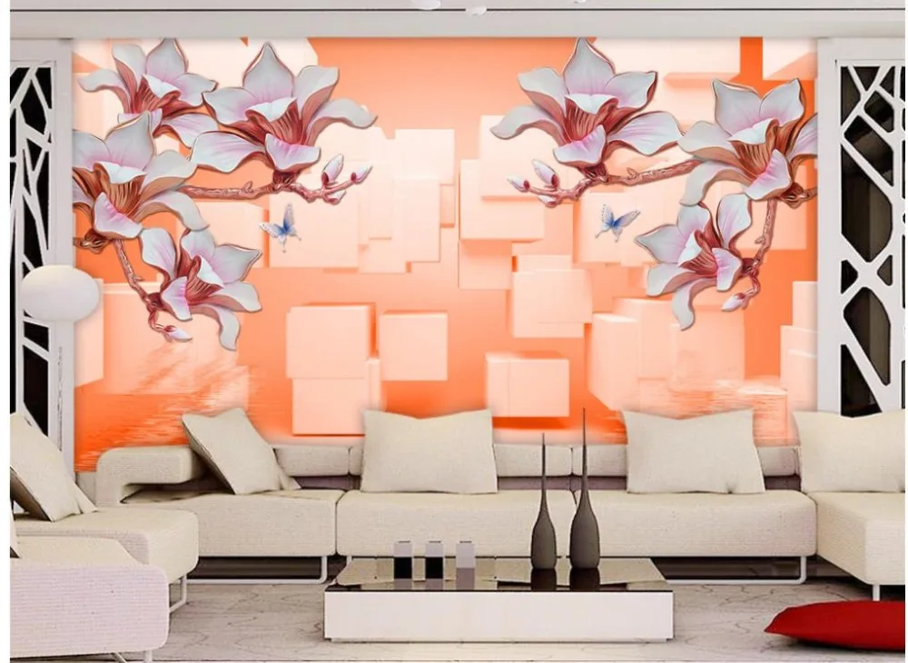 

3D Wallpaper Custom Any Size Mural Wallpaper Space Square Embossed Magnolia Flower TV Background 3D Mural Wall Paper