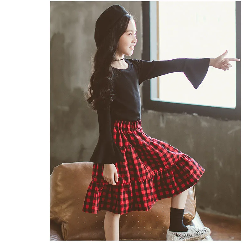 red ruffles plaid skirts for baby big girls Children students skirts kids clothes teenage 4 6 8 10 12 years long skirts clothing (2)