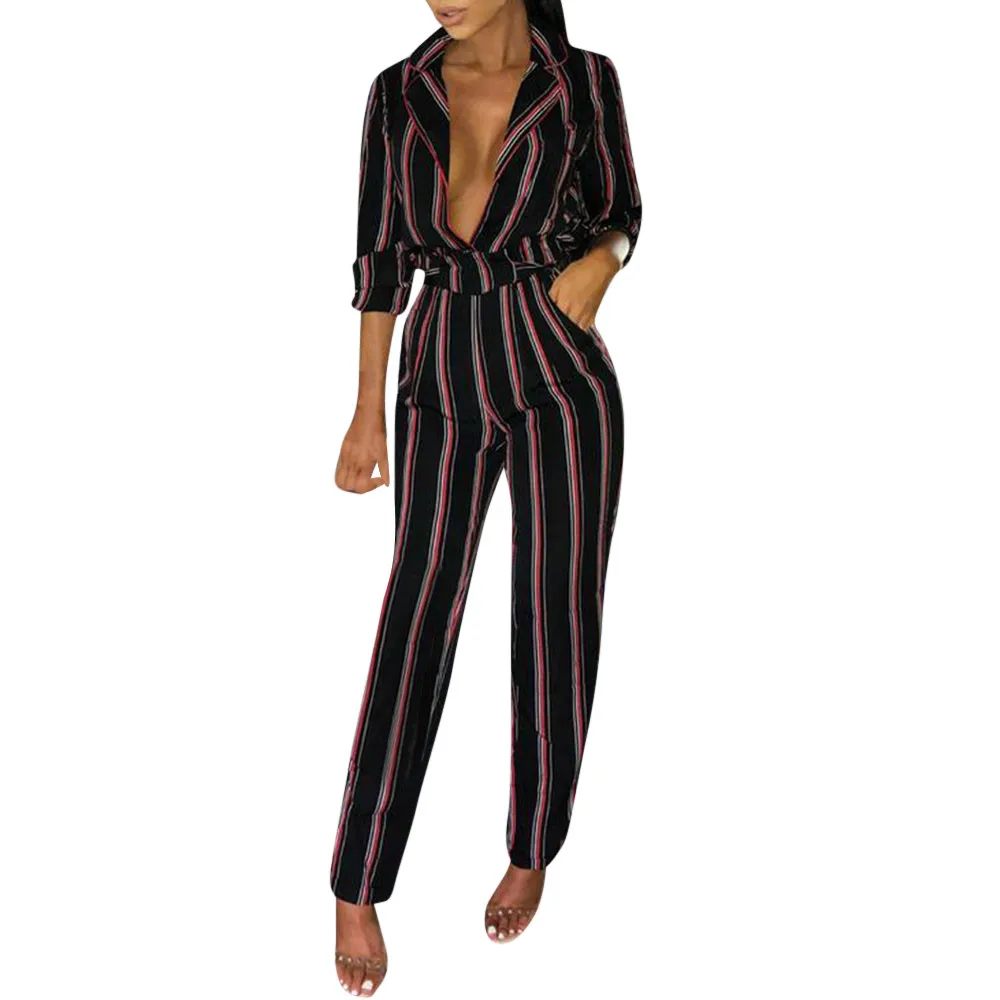 

Women Stripe Long Sleeve Playsuit Clubwear Straight Leg Party Jumpsuit Pants Women High Waist Plaid Striped Loose Palazzo Pants